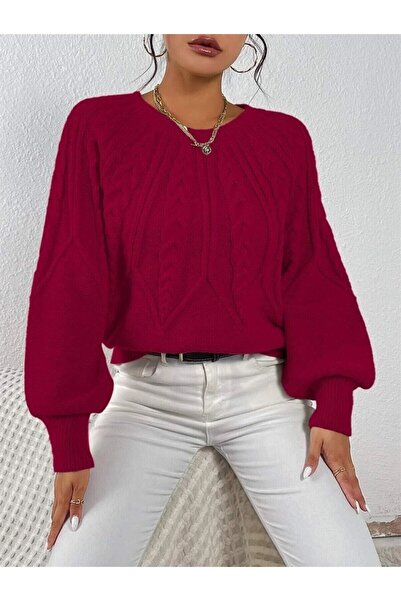 OMKA BUTİK سترة نسائية محبوكة ذات شعر مضفر ورقبة دائرية وأكمام إيطالية باللون...