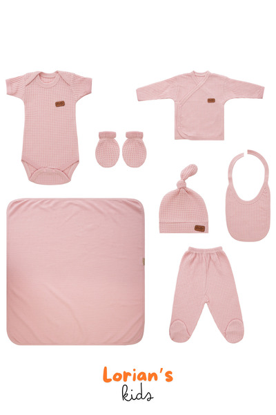 Newborn Honeycomb Textured 7-Piece Bodysuit Set with Blanket 100% Cotton Newborn Hospital Pack - Pink