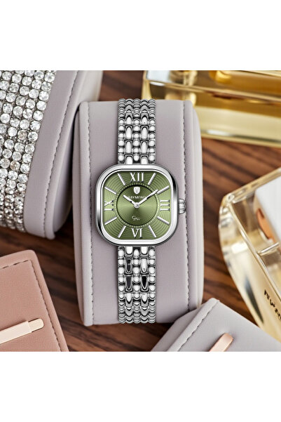 Raymond Rym-211503 Retro Square Steel Women's Watch - 2 Years Warranty Silver-Green