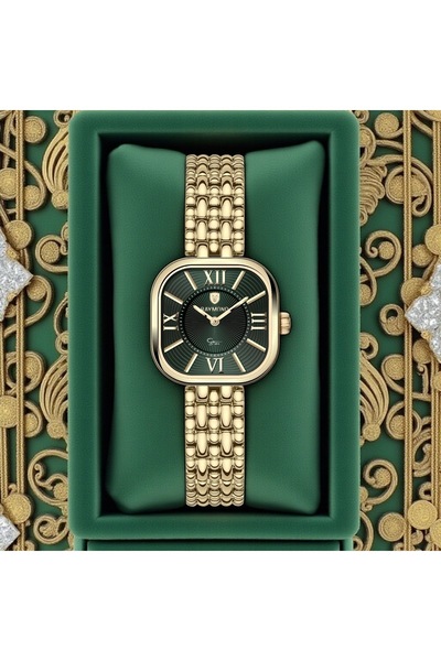 Raymond RYM-211503 RETRO KARE ÇELİK KADIN KOL SAATİ - 2 YIL GARANTİ GOLD-YEŞİL