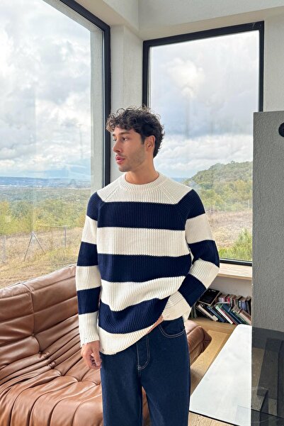 Flaw Wear Pulover cu mâneci raglan cu dungi guler rotund bleumarin