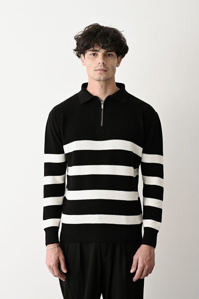 İLKCET MODA Плетен пуловер с цип, черно, премиум, на райета, стоманена плетка