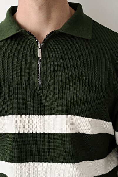 İLKCET MODA Πουλόβερ με φερμουάρ σμαραγδένιο Premium ριγέ ατσάλινο πλεκτό πουλόβερ