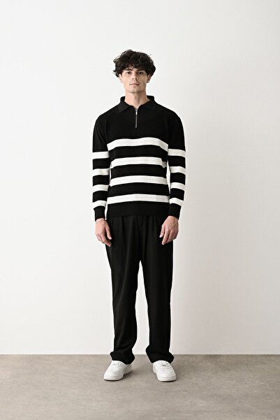 İLKCET MODA Πουλόβερ με φερμουάρ Μαύρο Premium ριγέ ατσάλινο πλεκτό πουλόβερ