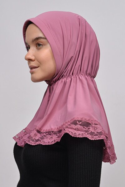 Altobeh Lacy Rubber Drawstring Interlining Banded Snap Fastener Ready Turban Practical Scarf-Dried Rose