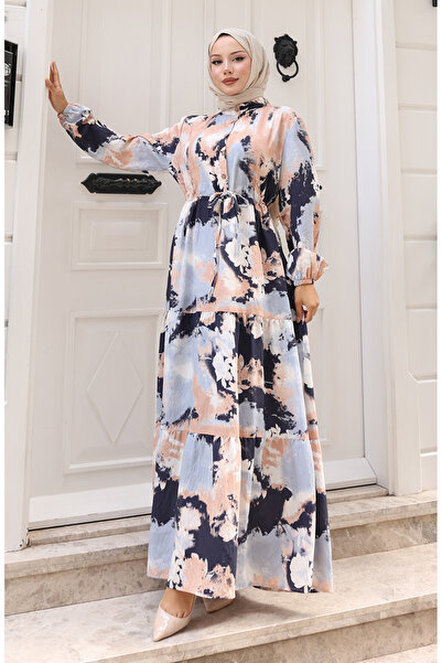 sefamerve Φόρεμα με δετή μέση από μοντάλ ύφασμα 0160-03 Μπεζ μπλε σκούρο