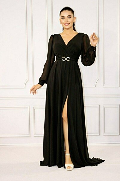 FaBe Fashion Kruvaze Yaka Uzun Kollu Beli Tokalı Yırtmaçlı Şifon Nikah Ve Dış Çekim Abiye Elbisesi