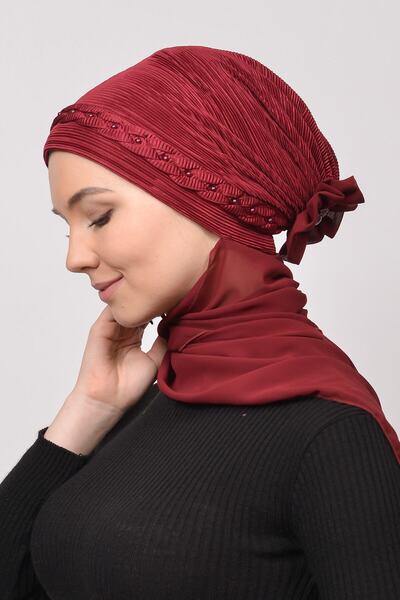 Altobeh Pleated Hair Braided Beaded Rose Detailed Satin Hijab Bonnet Shawl-burgundy