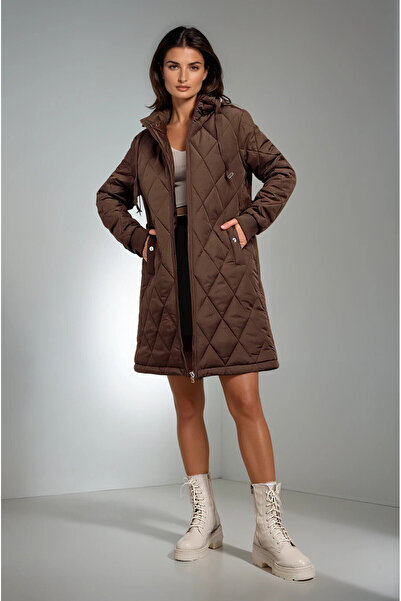 hazelin Γυναικείο καφέ καπιτονέ μακρύ πουπουλένιο παλτό HZL22W-BD151381