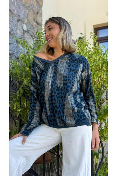 Punta Otantik P245010 Італійська блискуча блуза з леопардовим принтом, синя
