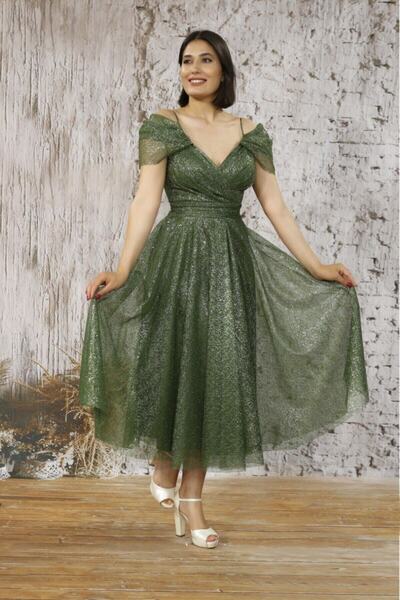 FaBe Fashion Ip Askılı Düşük Kollu Kruvaze Yaka Beli Büzgülü Midi Simli Dantel Mezuniyet-nişan-söz Elbisesi