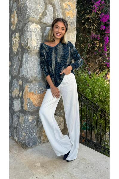 Punta Otantik P245010 Італійська блискуча блуза з леопардовим принтом, синя