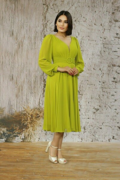 FaBe Fashion Uzun Manşet Kollu Kalp Yaka Beli Tokalı Ve Büzgülü Midi Şifon Elbise Nikah-nişan-söz-dış Çekim