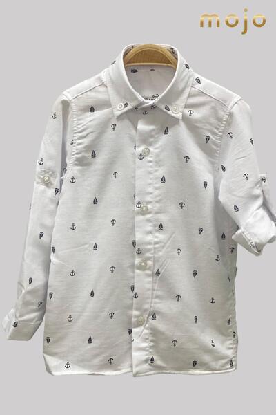 Woorage Baby Boy 1-5 Years Patterned Folded Sleeve Shirt 4015 White