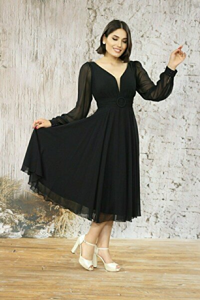 FaBe Fashion Uzun Manşet Kollu Kalp Yaka Beli Tokalı Ve Büzgülü Midi Şifon Elbise Nikah-nişan-söz-dış Çekim