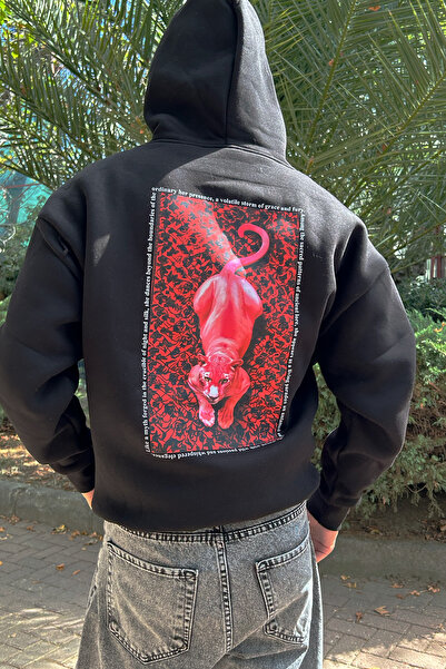 Sekizbiraltı Pink Panther Baskılı Oversize Unisex Siyah Hoodie