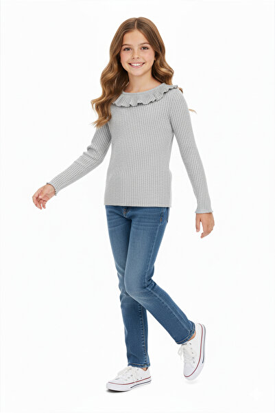 Kyron Γκρι βολάν γιακά μακρυμάνικη πλεκτή μπλούζα για κορίτσια