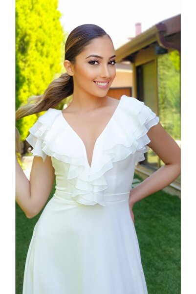 FaBe Fashion Yakası Ve Sırtı Valonlu Iç Göstermeyen Şifon Nikah Ve Dış Çekim Abiye Elbisesi