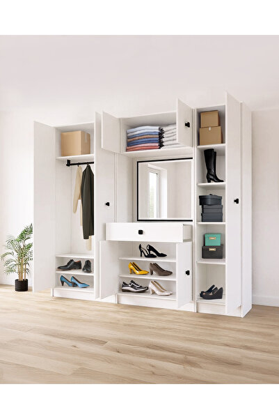 GeKa Mobilya Beyaz Fonksiyonel Portmanto – Aynalı, Çekmeceli ve Dolaplı