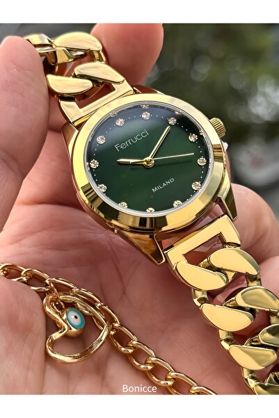 Ferrucci Sarı Yeşil Renk Çelik Kordon Su Geçirmez Garantili Kol Saati+bileklik