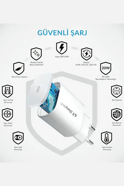 Shinytech 20W iPhone & Android Hızlı Şarj Adaptörü + 1.5m USB-C Kablo Seti – 2 Yıl Garantili