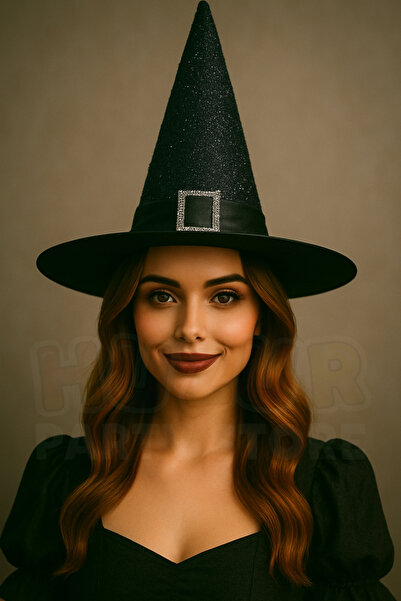 Huzur Party Store Parıltılı Halloween Cadı Şapkası Siyah Renk Kemerli Taş Det...