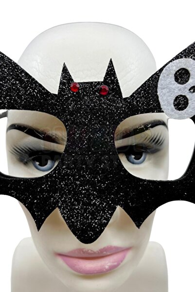 Huzur Party Store Siyah Yarasa Gözlük Keçe Simli Kırmızı Gözlü Beyaz Kafatası Detaylı Halloween Parti Cadıllar Bayramı