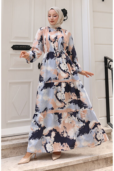 sefamerve Φόρεμα με δετή μέση από μοντάλ ύφασμα 0160-03 Μπεζ μπλε σκούρο