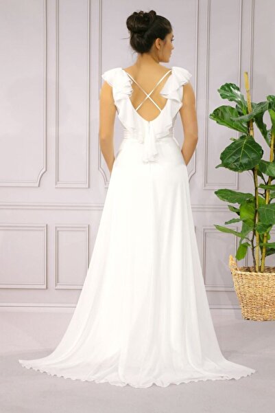 FaBe Fashion Kruvaze Yaka Kolları Ve Sırtı Volanlı Yırtmaçlı -uzun- Nikah Ve ...