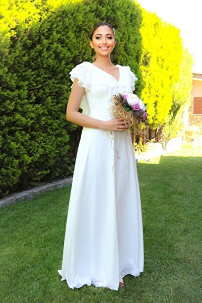 FaBe Fashion Yakası Ve Sırtı Valonlu Iç Göstermeyen Şifon Nikah Ve Dış Çekim Abiye Elbisesi