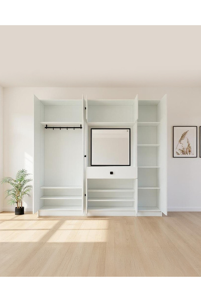 GeKa Mobilya Beyaz Fonksiyonel Portmanto – Aynalı, Çekmeceli ve Dolaplı