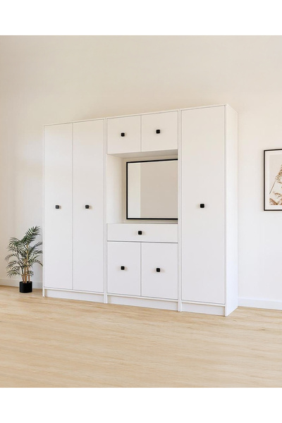 GeKa Mobilya Beyaz Fonksiyonel Portmanto – Aynalı, Çekmeceli ve Dolaplı