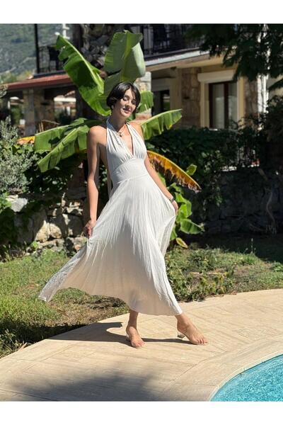 Punta Otantik Pt25071 Shoulder Tie Waist Belted Backless Cotton Dress Cream