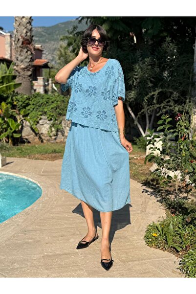 Punta Otantik YG5291 İtalyan File Detay Coton Elbise Mavi