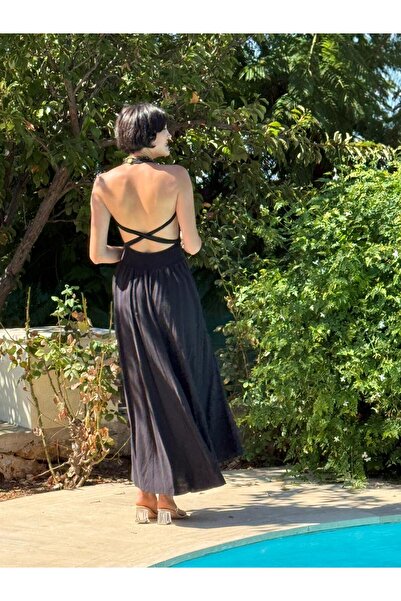 Punta Otantik Pt25071 Shoulder Tie Waist Belted Backless Coton Dress Black