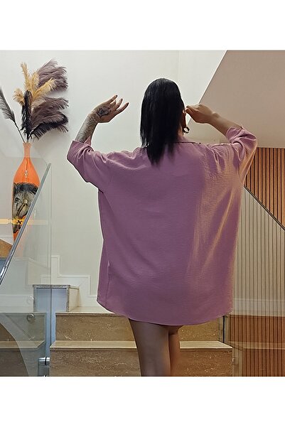 asalya Women's Pink Oversize Large Size Aerobin Linen Shirt