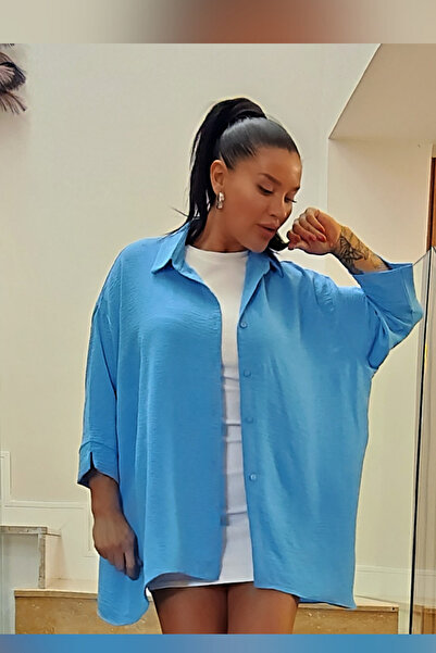 asalya Women's Blue Oversize Large Size Aerobin Linen Shirt