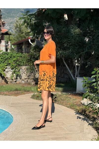 Punta Otantik Nc10526 Italian Collar Elastic Leopard Coton Dress Orange