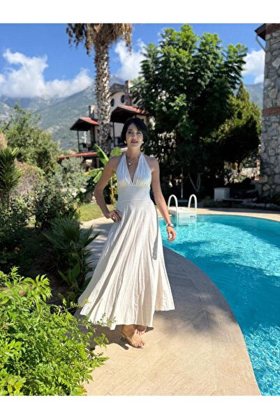 Punta Otantik Pt25071 Shoulder Tie Waist Belted Backless Cotton Dress Cream