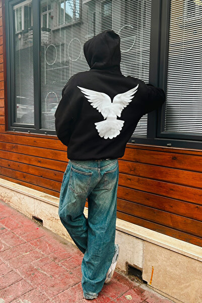 Sekizbiraltı Μαύρο φούτερ με κουκούλα με στάμπα Pigeon Wings Oversize Unisex