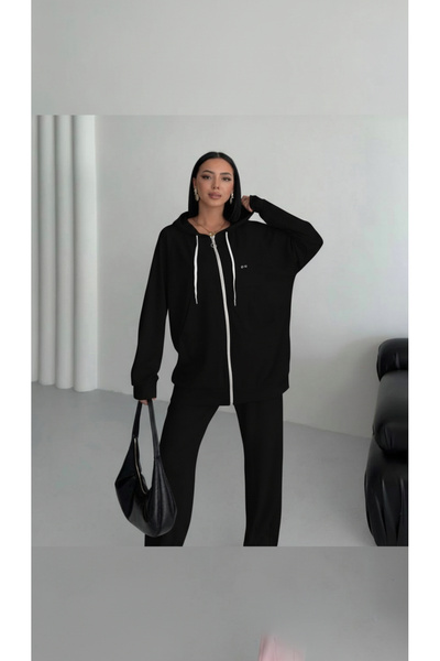 moda paketi Black Zippered Hooded Tracksuit Set