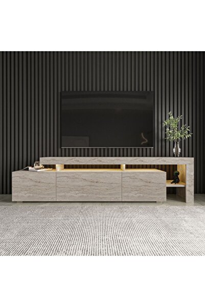 İNARCH DİZAYN Beliz Modern LED Işıklı 3 Kapaklı, Raflı TV Sehpası – 192 cm - Traverten