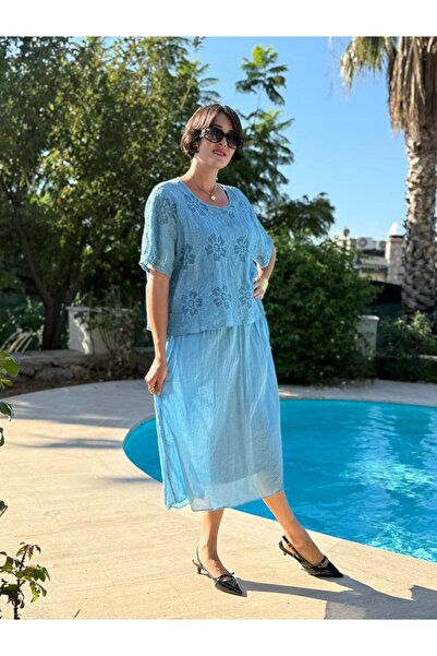 Punta Otantik YG5291 İtalyan File Detay Coton Elbise Mavi