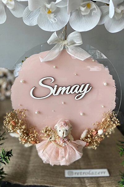 RetroLazer Şeffaf Boyalı Pleksi Peri Ayıcıklı Bebek Kapı Süsü İsimlik Makrome 30x30 cm