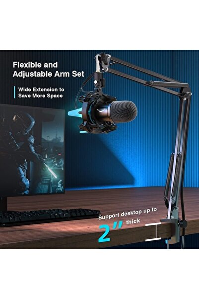 Fifine Dynamic Gaming Microphone K651 with Boom Arm Stand, Shock Mount, Cardioid, USB-C, RGB Lights