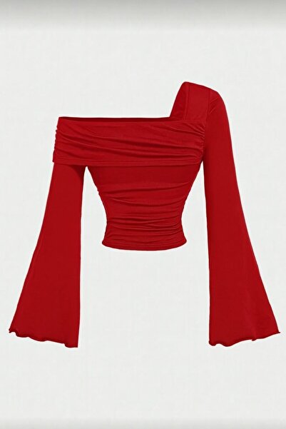 peri tower New Product Women's One Shoulder Drawstring Detail Spanish Sleeve Blouse 0037