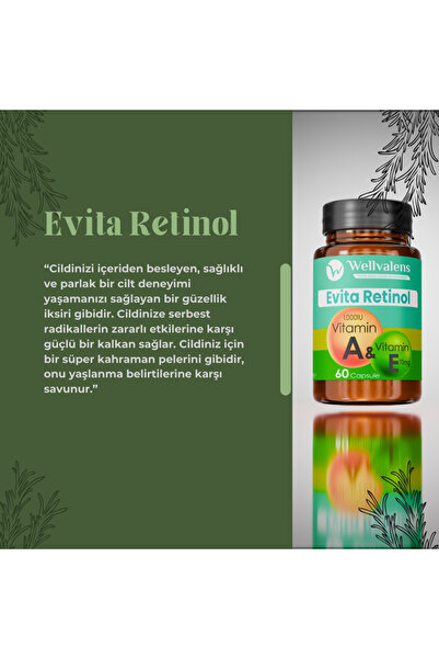 Wellvalens Evita Retinol A E Vitamin Kapsül – Kırışıklık Karşıtı & Yaşlanma Karşıtı Cilt Takviyesi – 60 Kapsül