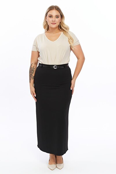 apsen Women's Black Seasonal Closed Slit Detailed Belted Hijab Skirt 1580-95