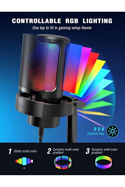 Fifine Microfon Condenser A8, Cardioid, RGB, Gaming, Podcast, USB Plug & Play