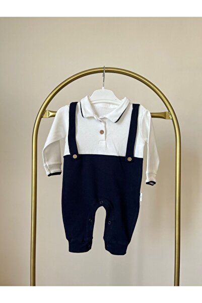 MBK GARDEN White and Navy Blue One-Piece Baby Romper with Straps (6-18 Months)